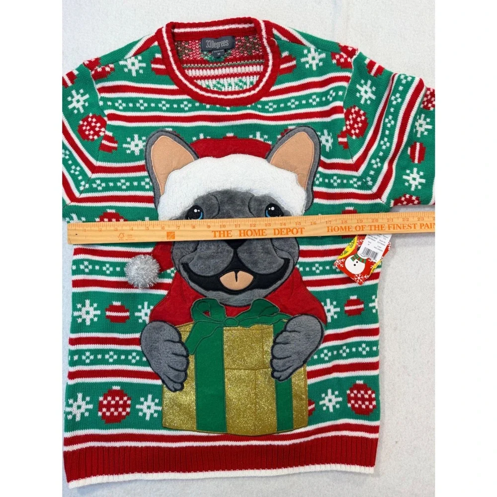 33 Degrees Mens French Bulldog Ugly Christmas Sweater Red Green Fair Isle Size M